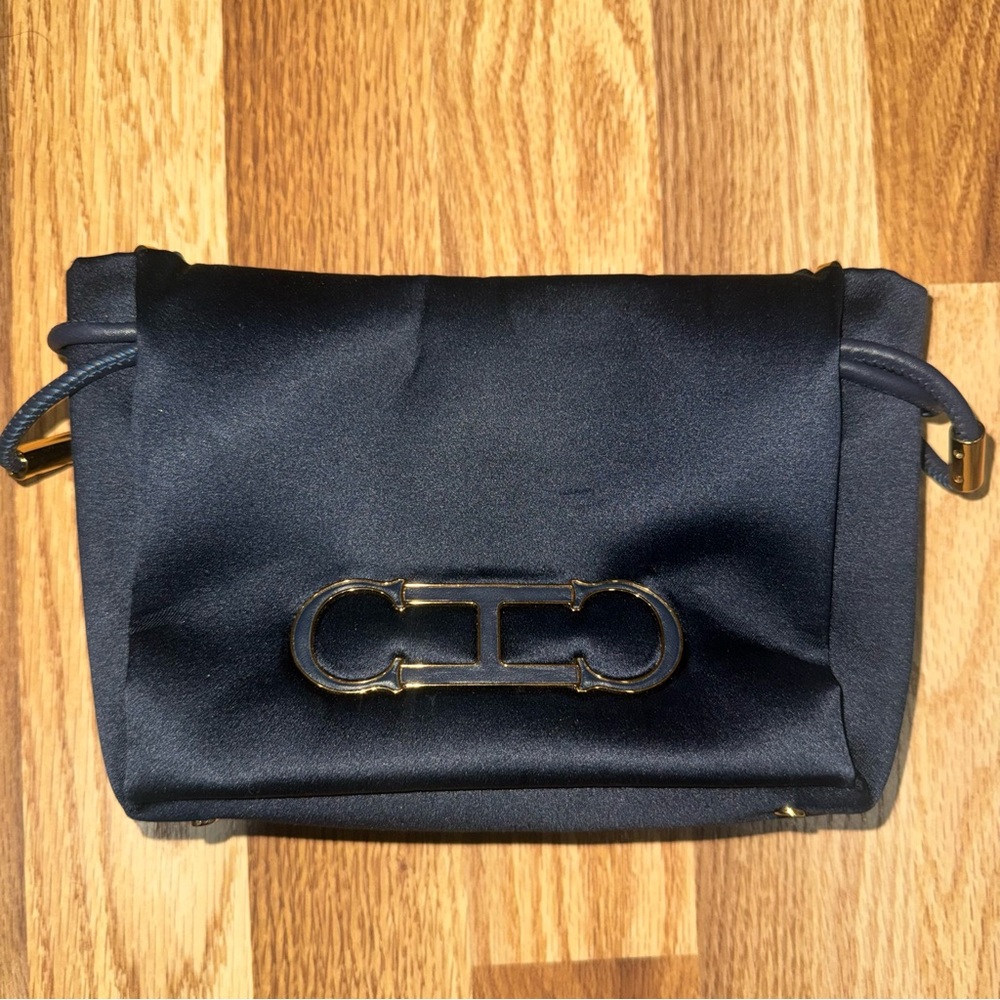Carolina Herrera Initials Insignia Bucket Bag Navy Gold Chain Strap